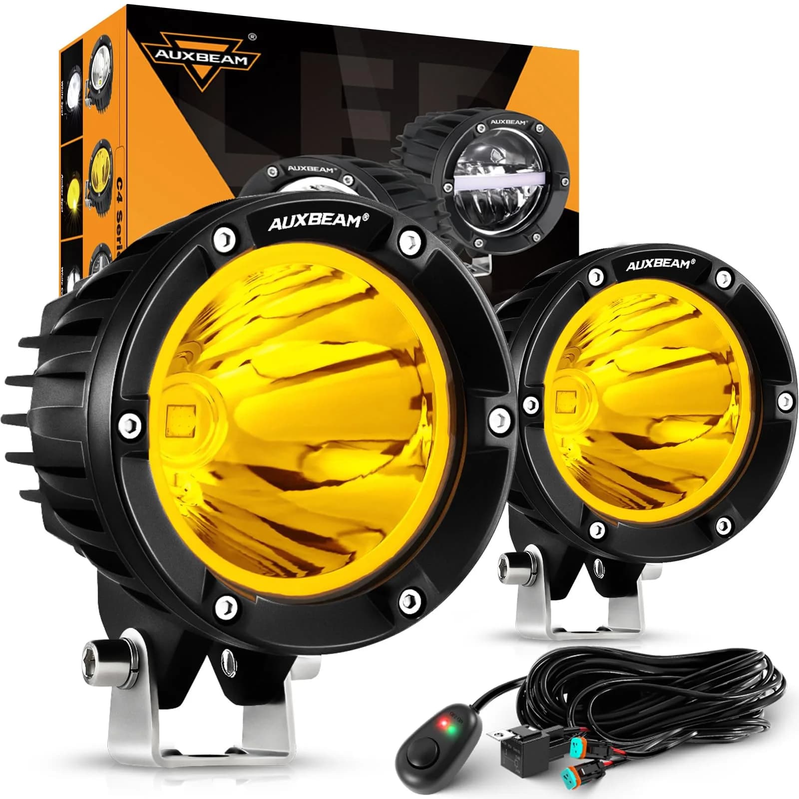 Auxbeam C4 Series 4-Inch Amber Round Fog Lights | 72W LED Off Road Light Pods for Severe Weather — C4 Series Amber Spot Lights