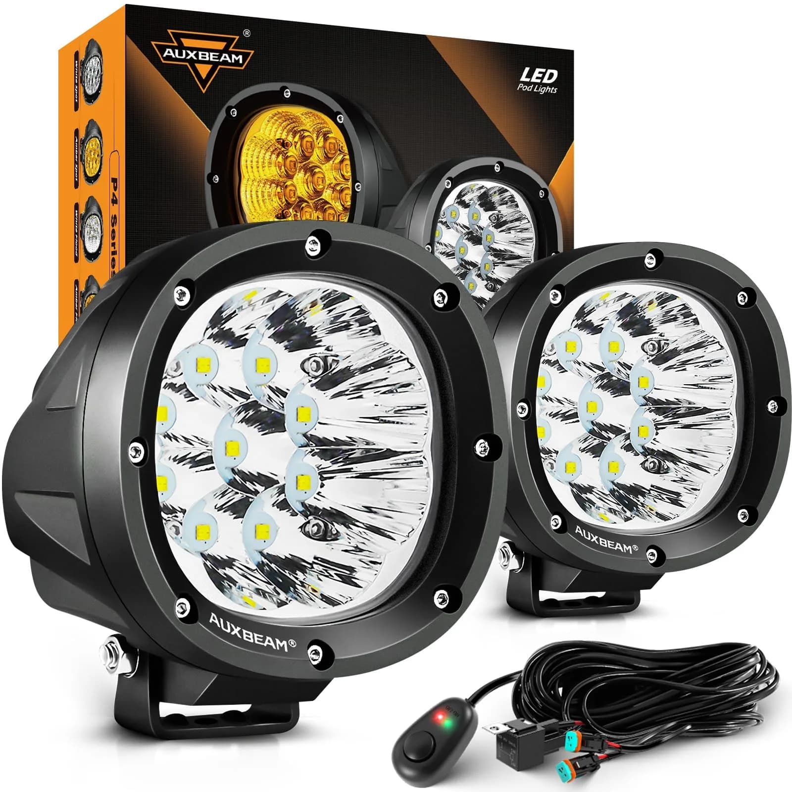 Auxbeam C4 Series 4 Inch Round LED Pod Lights 72W | Offroad Spot Light Bar for Vehicles — P4 Series White Offroad Lights