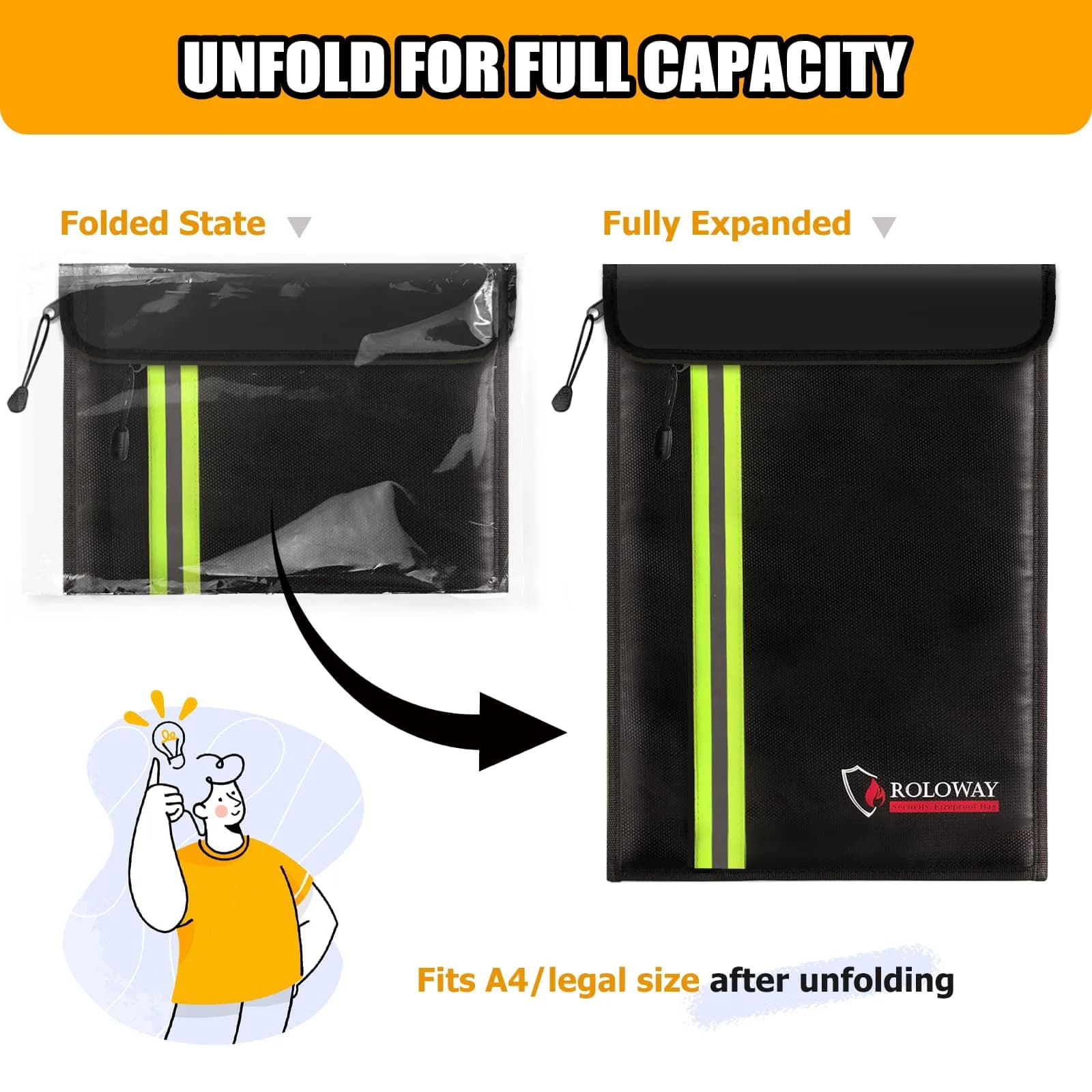 ROLOWAY Fireproof Document Bag 40 x 28 cm (15 x 11 inch) | Protects Cash, Legal Papers, Laptop - view 5