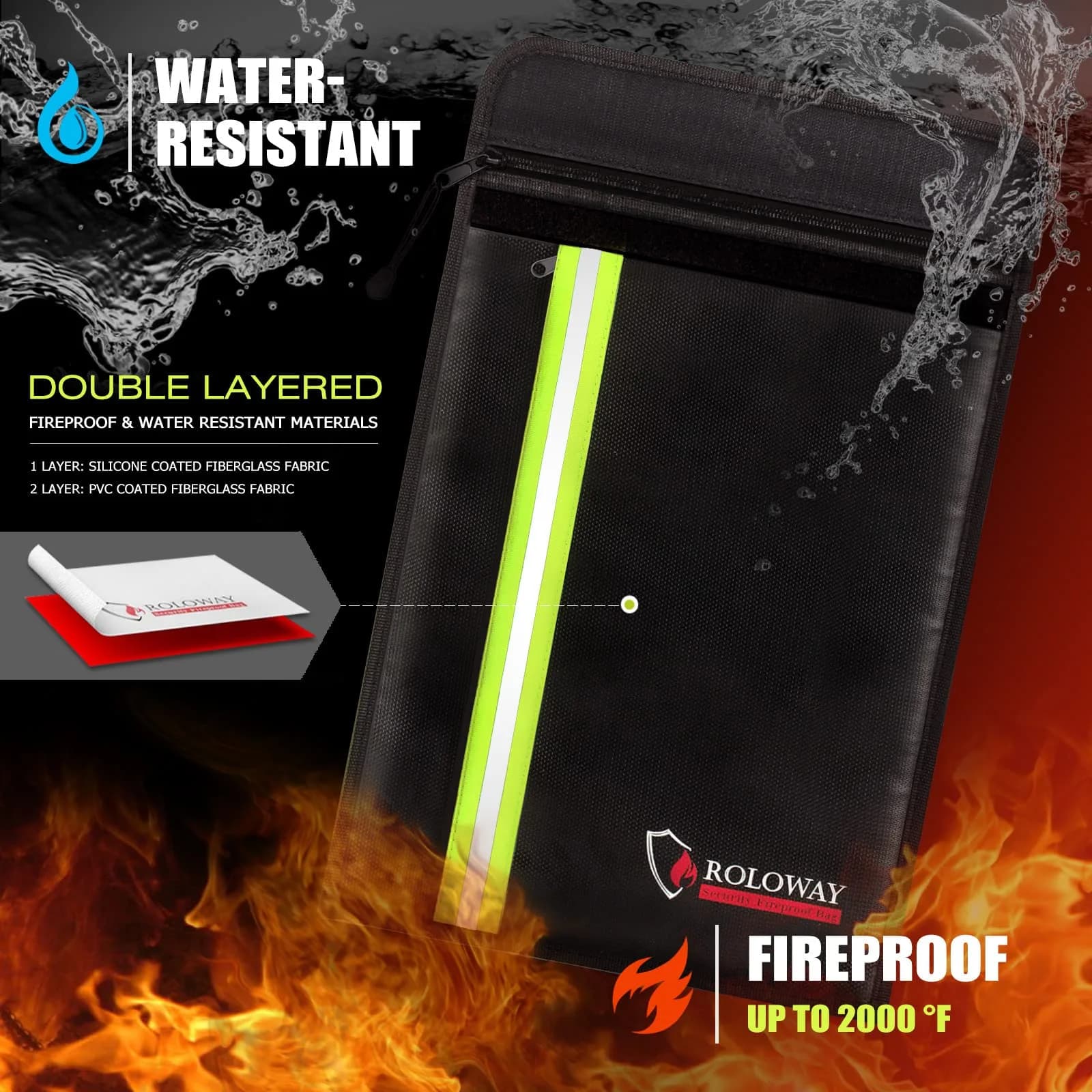 ROLOWAY Fireproof Document Bag 40 x 28 cm (15 x 11 inch) | Protects Cash, Legal Papers, Laptop - view 6