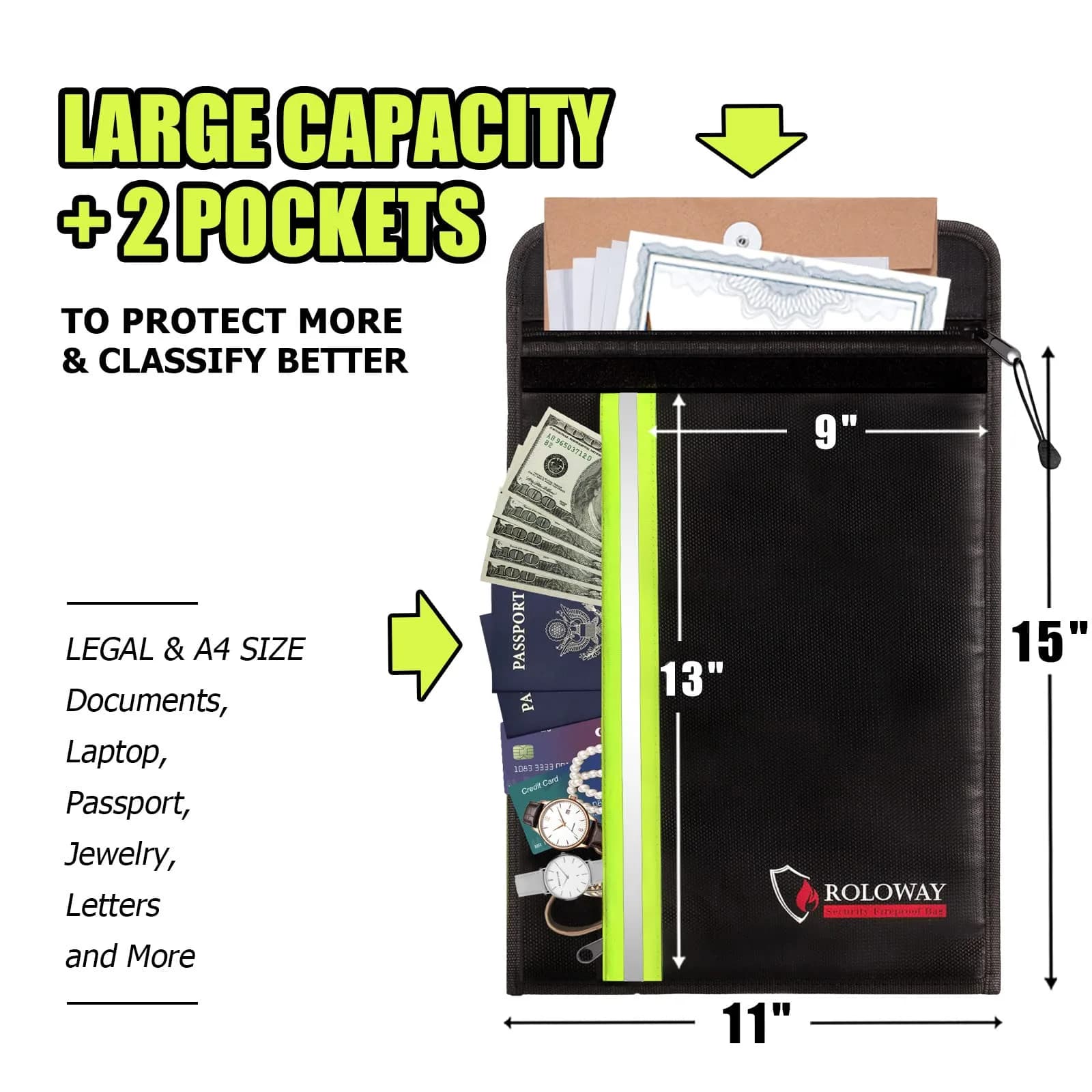 ROLOWAY Fireproof Document Bag 40 x 28 cm (15 x 11 inch) | Protects Cash, Legal Papers, Laptop - view 2