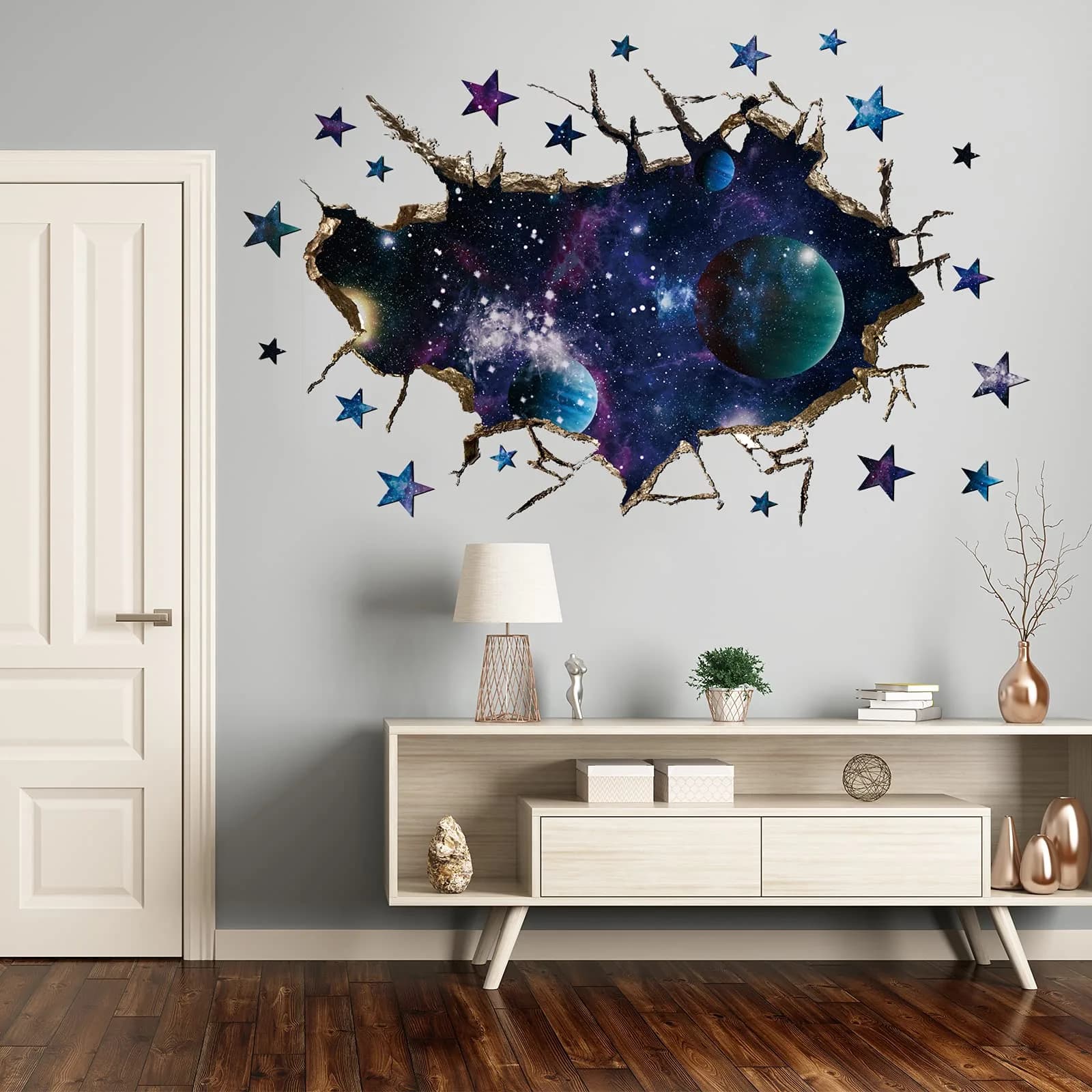 HOLENGS 3D Galaxy Blue Cosmic Milky Way Wall Stickers | Space Planets Decor for Kids & Living Room