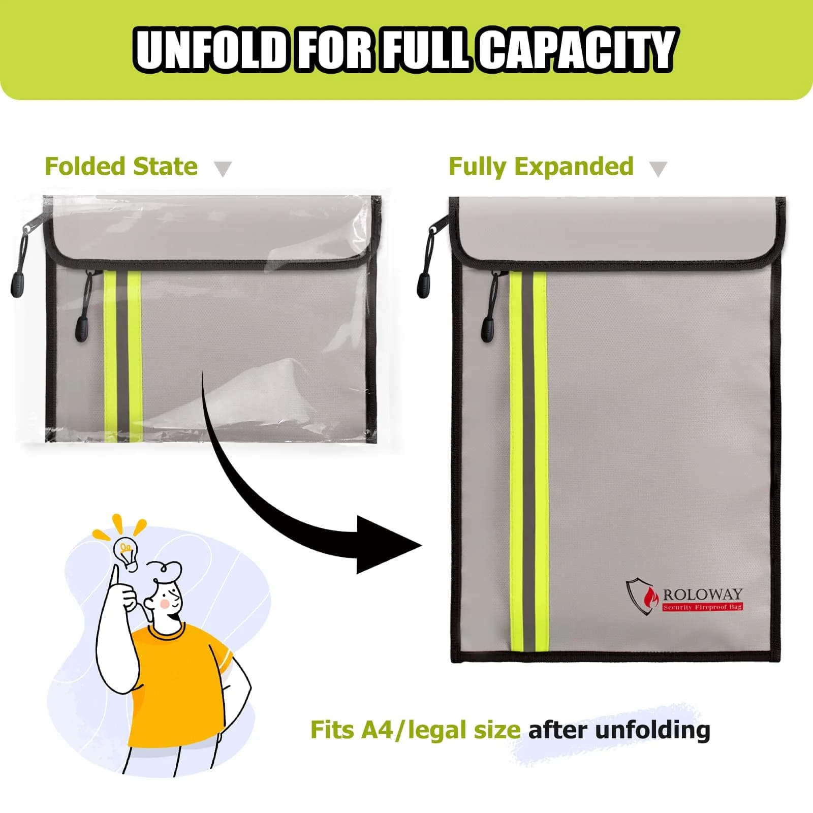 ROLOWAY Fireproof Document Bag 38cm x 28cm (15 x 11 inch) | Protects Documents from Fire and Water - view 5