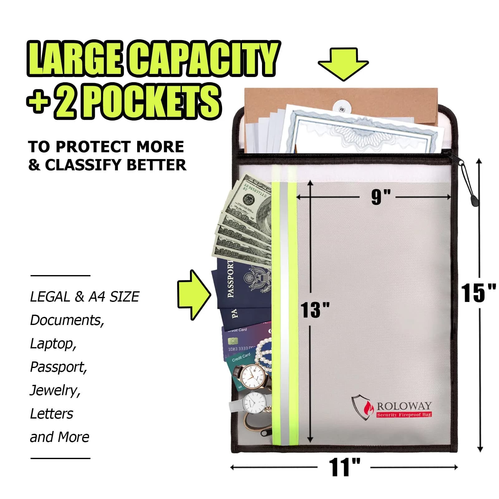 ROLOWAY Fireproof Document Bag 38cm x 28cm (15 x 11 inch) | Protects Documents from Fire and Water - view 2
