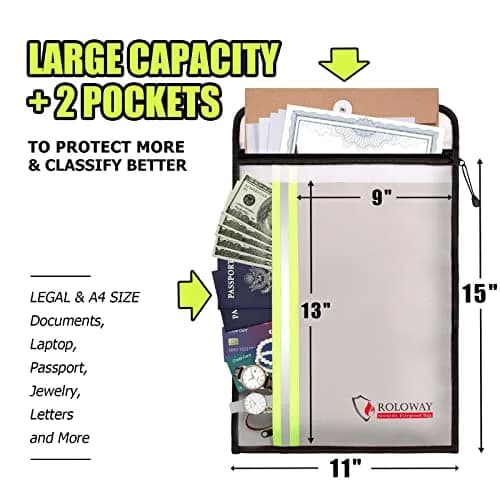 ROLOWAY Fireproof Document Bag 38cm x 28cm (15 x 11 inch) | Protects Documents from Fire and Water thumbnail 2