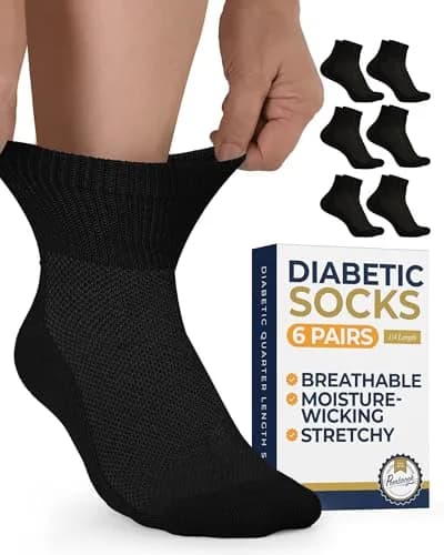 Pembrook Black Diabetic Socks for Men & Women | 6 Pairs | Medium (Men 5-9, Women 6-10) | Moisture-Wicking Ankle Socks thumbnail 1