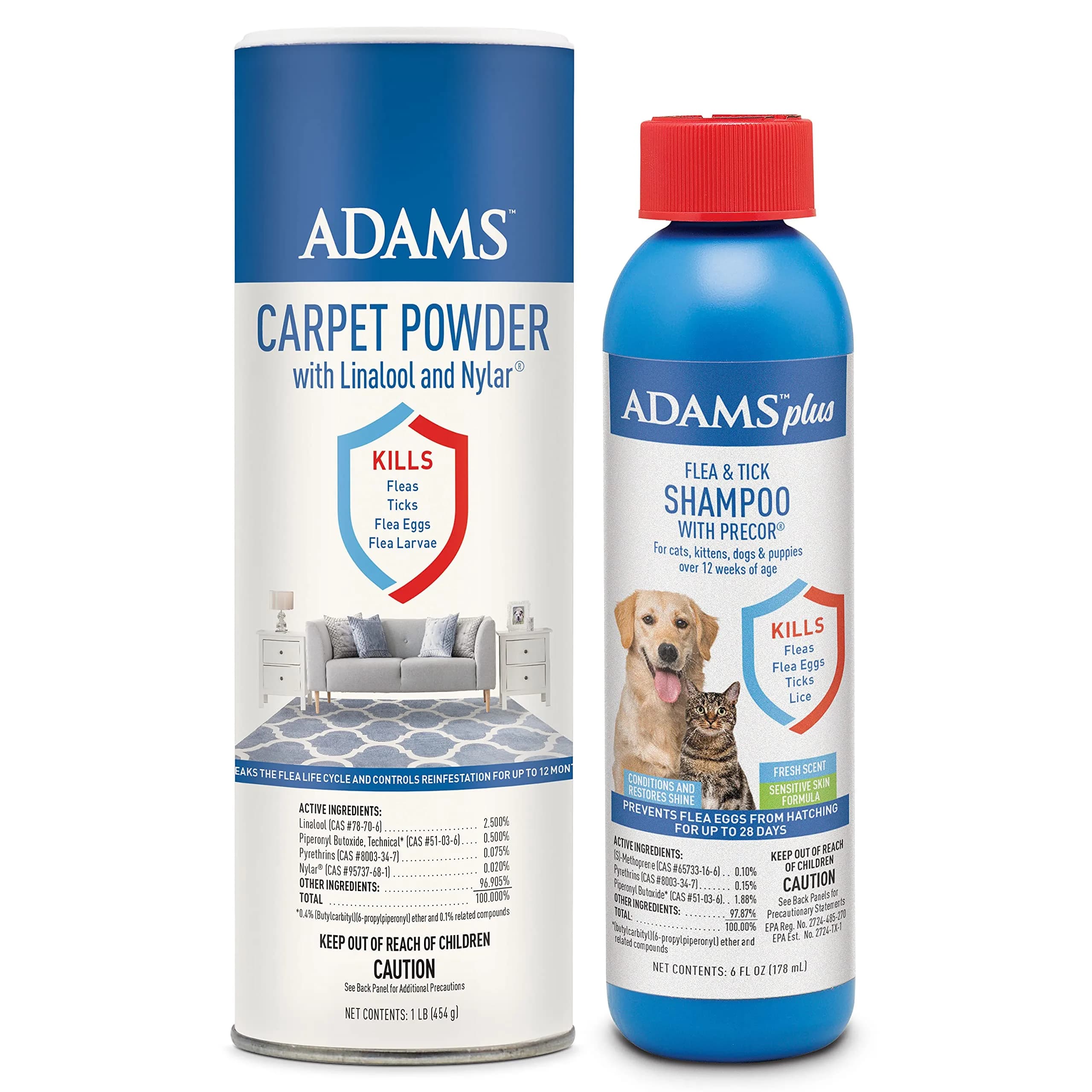 ADAMS Carpet Powder & Shampoo Bundle | Flea & Tick Control for Cats & Dogs, 16oz (473ml) | Long-Lasting Flea Cycle Breaker