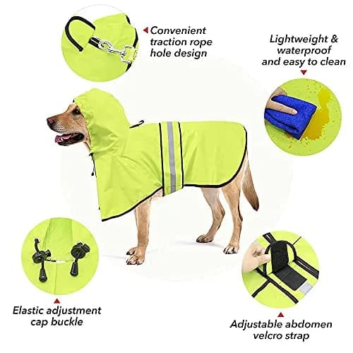 Ezierfy Waterproof Dog Rain Coat - Adjustable Hooded Pet Rain Jacket Neon Green | Reflective Lightweight thumbnail 5
