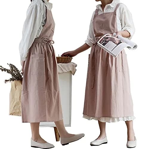 VLZUFE Women Cotton Linen Cross Back Apron with Pockets | Stylish Gardening & Kitchen Apron (70-120 chars) thumbnail 1
