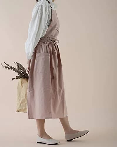 VLZUFE Women Cotton Linen Cross Back Apron with Pockets | Stylish Gardening & Kitchen Apron (70-120 chars) thumbnail 3