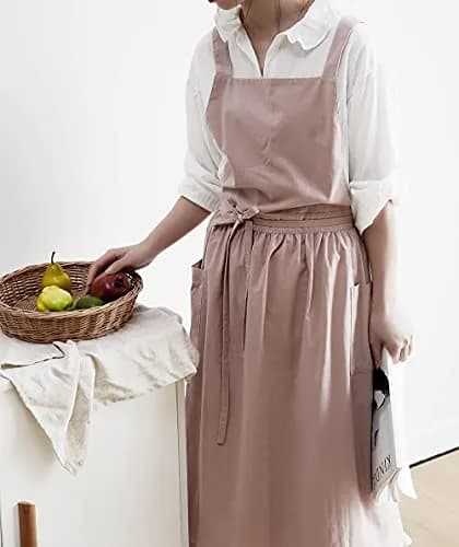 VLZUFE Women Cotton Linen Cross Back Apron with Pockets | Stylish Gardening & Kitchen Apron (70-120 chars) thumbnail 4
