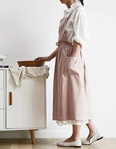 VLZUFE Women Cotton Linen Cross Back Apron with Pockets | Stylish Gardening & Kitchen Apron (70-120 chars) thumbnail 5