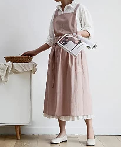 VLZUFE Women Cotton Linen Cross Back Apron with Pockets | Stylish Gardening & Kitchen Apron (70-120 chars) thumbnail 2