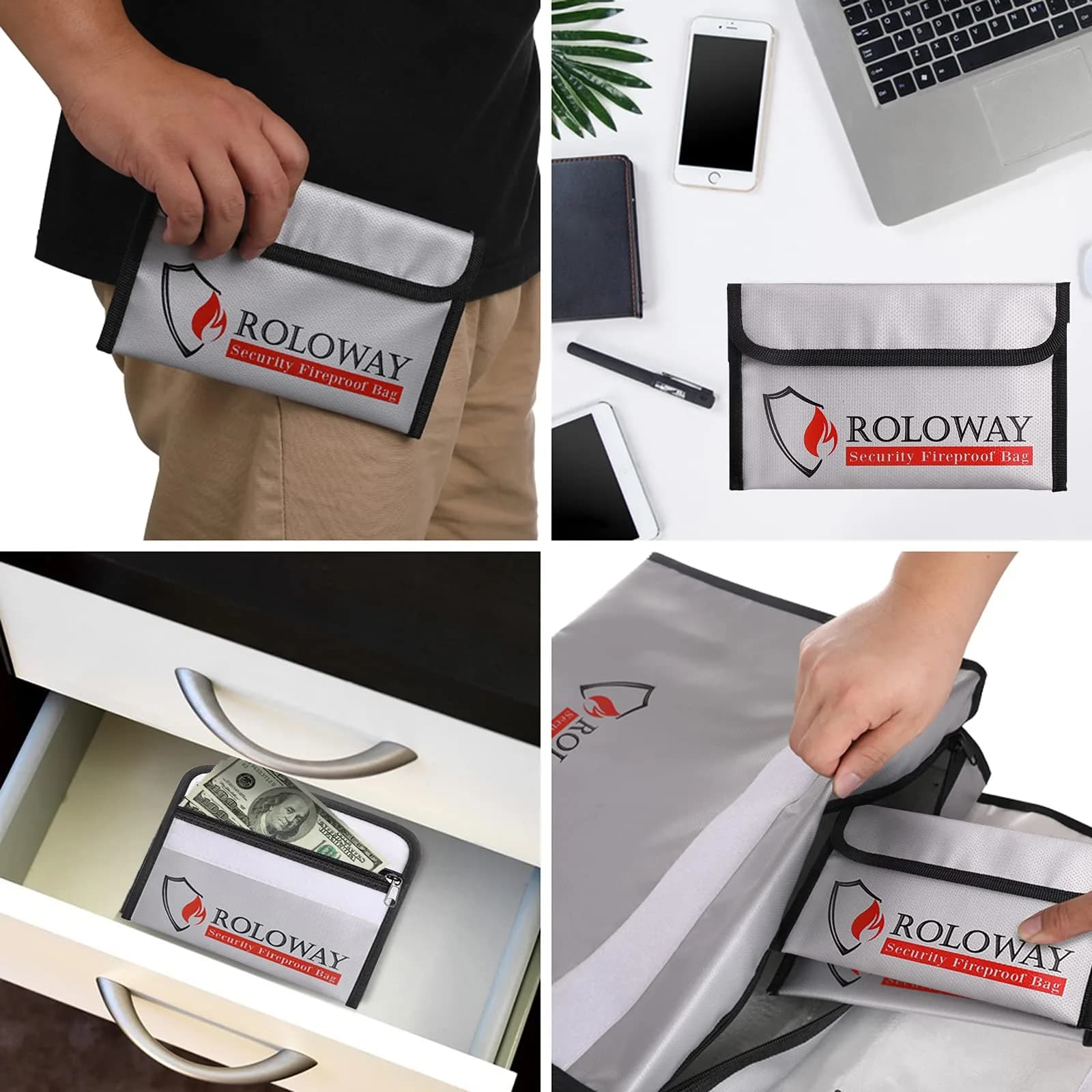 ROLOWAY Small Fireproof Bag 13cm x 20cm (5 x 8 inches) | Dual-Layer Fiberglass & Silicone Protection - view 6