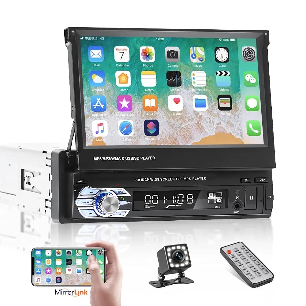 NHOPEEW Bluetooth Car Stereo 7 Inch Retractable Touchscreen with Backup Camera Support Mirror Link