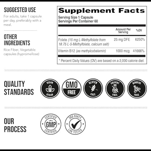 Triquetra Health L-Methylfolate 15mg Plus Methyl B12 Cofactor Capsules | Active Folate & B12 for Mood, Methylation, Cognition (60 Count) thumbnail 6