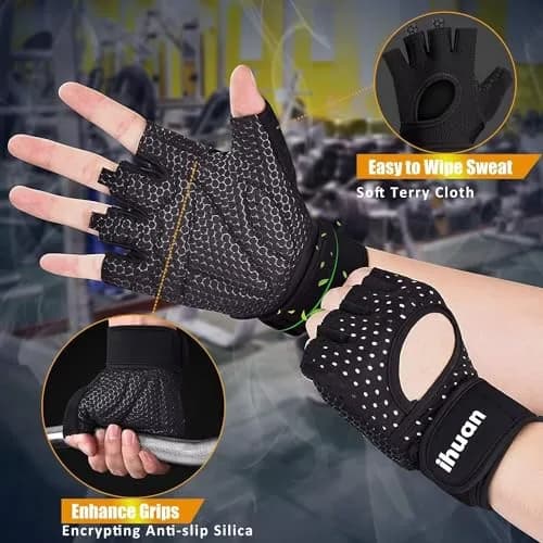 ihuan Breathable Weight Lifting Gloves Large Black | Fingerless Workout Gym Gloves with Wrist Support thumbnail 5
