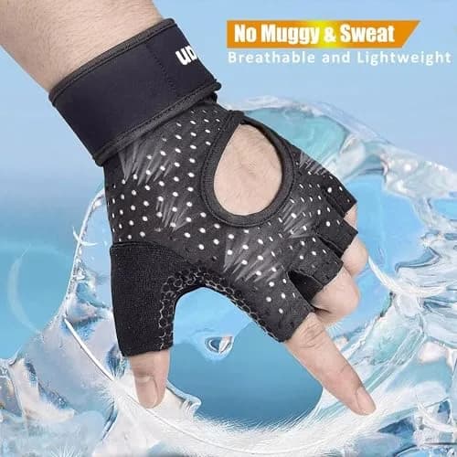 ihuan Breathable Weight Lifting Gloves Large Black | Fingerless Workout Gym Gloves with Wrist Support thumbnail 2