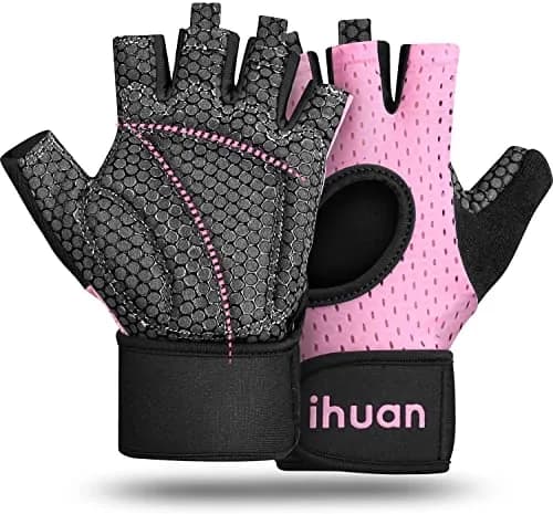 ihuan Breathable Fingerless Weight Lifting Gloves with Wrist Support - Large Pink | 0.23-inch Palm Padding for Gym Training thumbnail 1