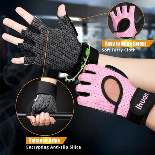 ihuan Breathable Fingerless Weight Lifting Gloves with Wrist Support - Large Pink | 0.23-inch Palm Padding for Gym Training thumbnail 5