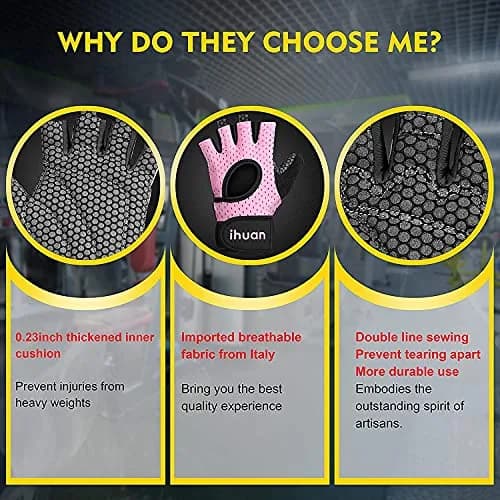 ihuan Breathable Fingerless Weight Lifting Gloves with Wrist Support - Large Pink | 0.23-inch Palm Padding for Gym Training thumbnail 7