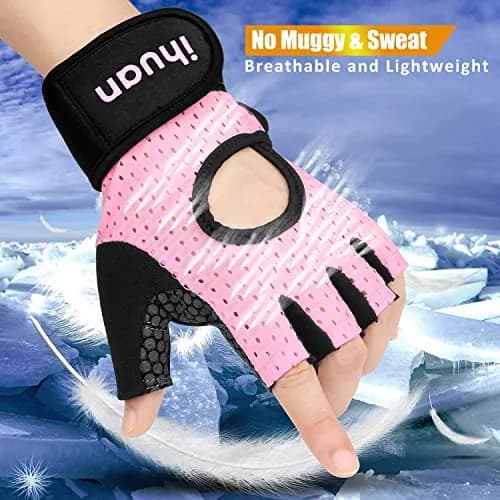 ihuan Breathable Fingerless Weight Lifting Gloves with Wrist Support - Large Pink | 0.23-inch Palm Padding for Gym Training thumbnail 2