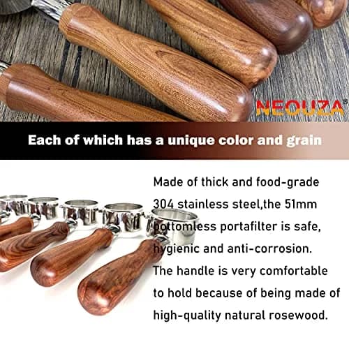 NEOUZA 51mm Bottomless Portafilter with Rosewood Handle | Includes Basket, Spoon, Mat, Brushes (1-Pack) thumbnail 7