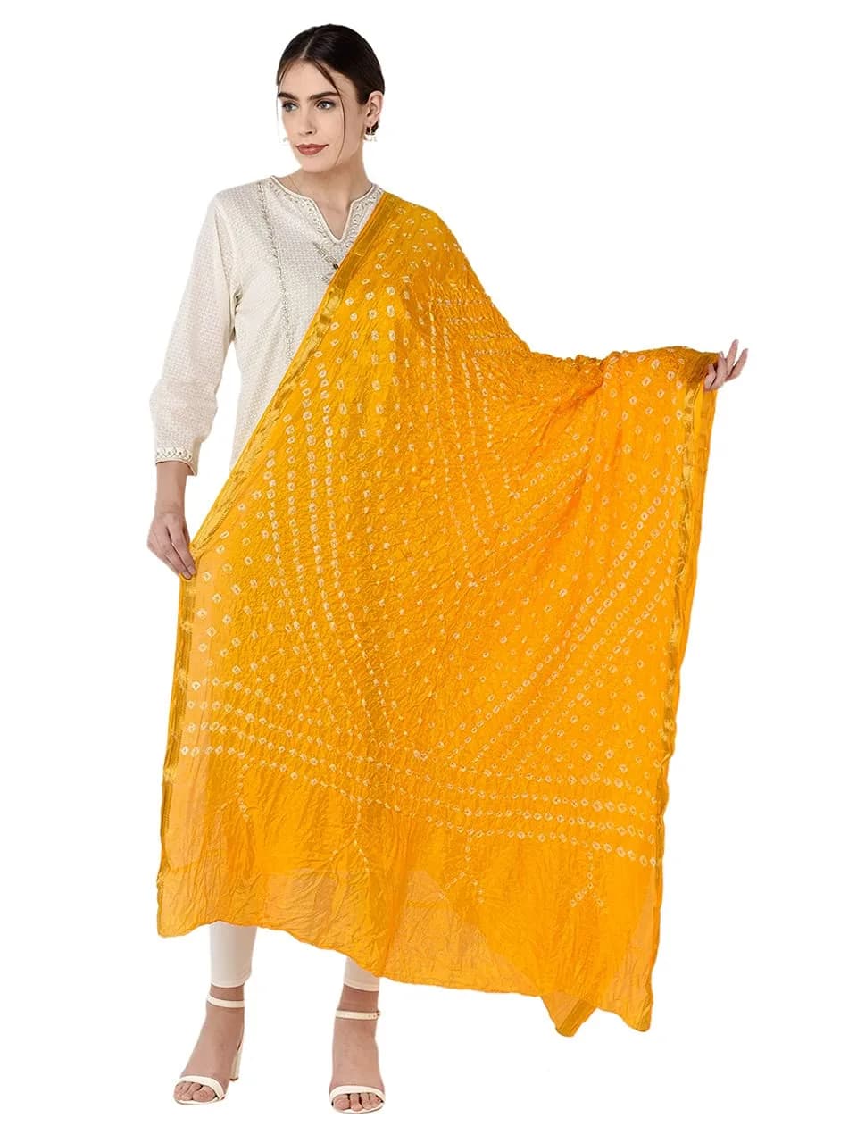 DUPATTA BAZAAR Women's Yellow Bandhini Silk Dupatta | Versatile 2.4m Silk Accessory — Yellow