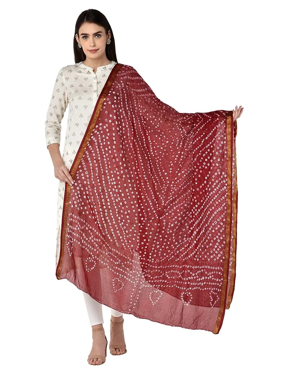 DUPATTA BAZAAR Women's Maroon Bandhini Silk Dupatta | Versatile 2.4m Silk Accessory — Maroon