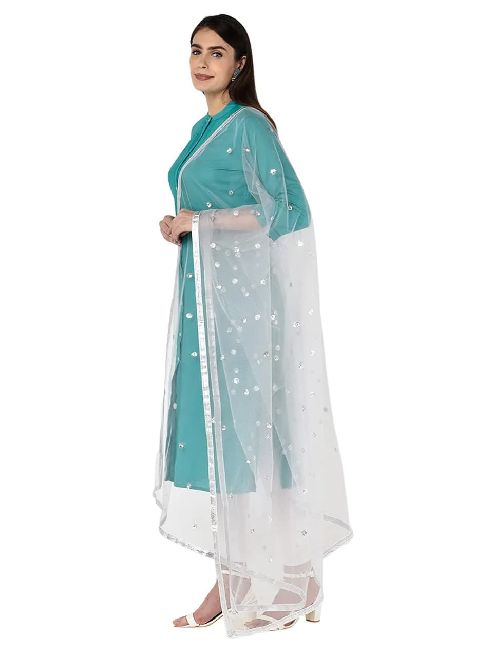 DUPATTA BAZAAR Women's Embellished Silver Net Dupatta 2.4 meters (8 ft) | Festive & Special Occasion Wear
