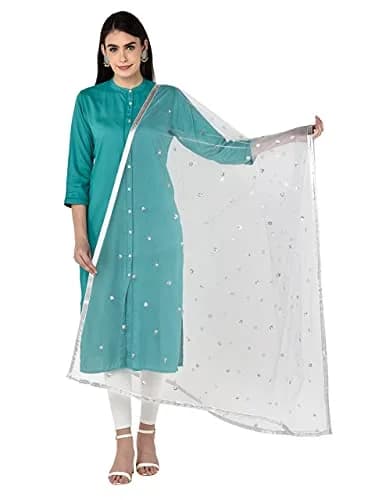 DUPATTA BAZAAR Women's Embellished Silver Net Dupatta 2.4 meters (8 ft) | Festive & Special Occasion Wear thumbnail 3