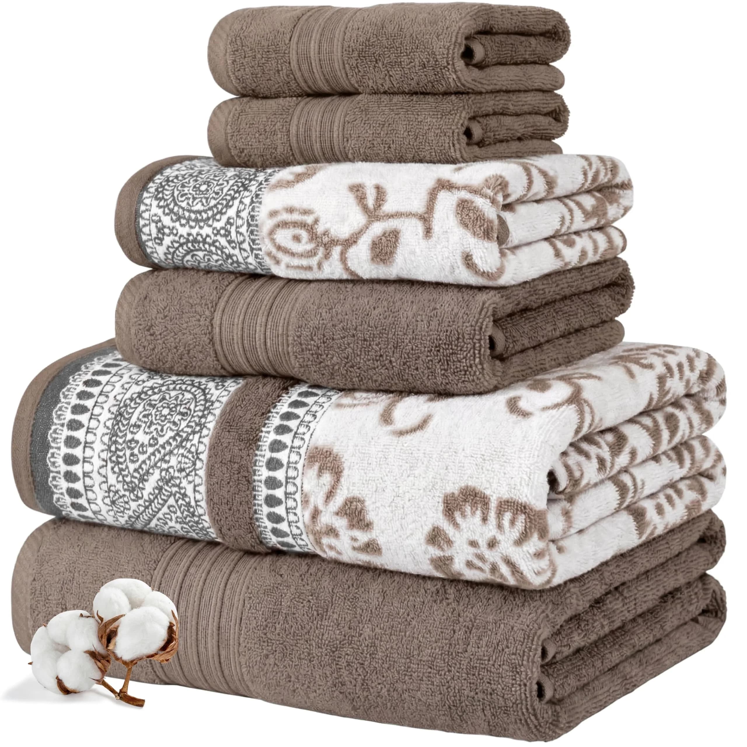 Modern Threads 6 Piece Cotton Bath Towel Set – Reversible Floral Trail, 27x54 & 16x28 Inches, Extra Soft & Absorbent