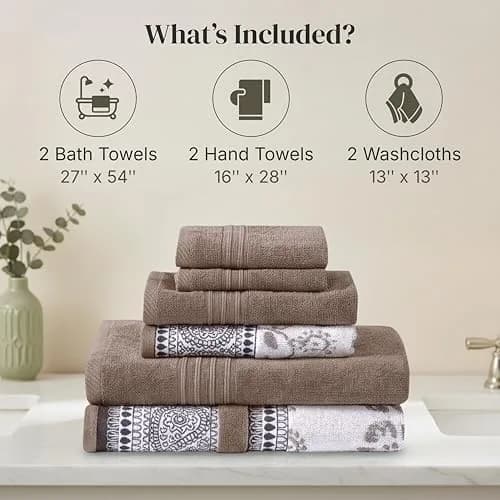 Modern Threads 6 Piece Cotton Bath Towel Set – Reversible Floral Trail, 27x54 & 16x28 Inches, Extra Soft & Absorbent thumbnail 3