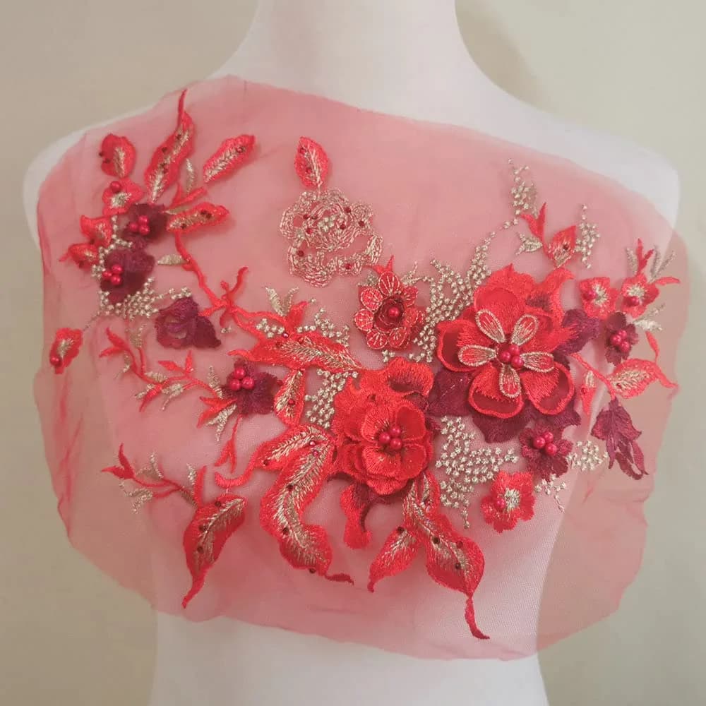 FEEPOP Red 3D Embroidered Flower Lace Applique Patch (35cm x 28cm) for Wedding Dresses & Crafts - main product image