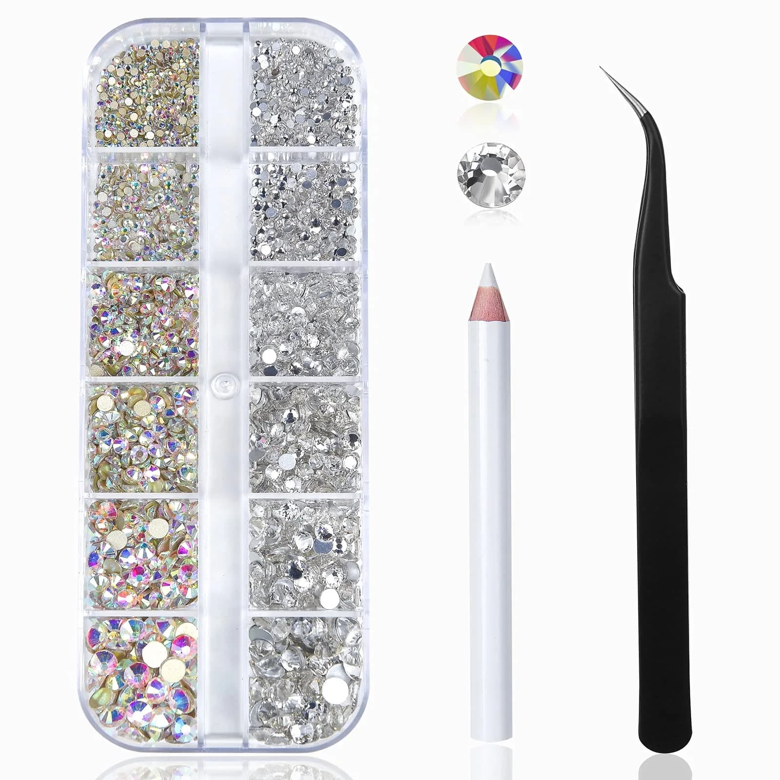 HUETFAT Nail Art Rhinestones Kit 2400pcs | Flatback Crystal AB & White, 6 Sizes (1.5-4.5 mm) for Nail & Craft Decor — AB
