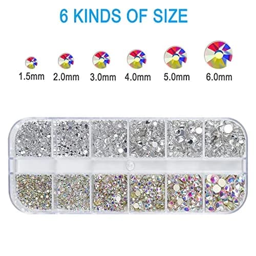 HUETFAT Nail Art Rhinestones Kit 2400pcs | Flatback Crystal AB & White, 6 Sizes (1.5-4.5 mm) for Nail & Craft Decor thumbnail 2