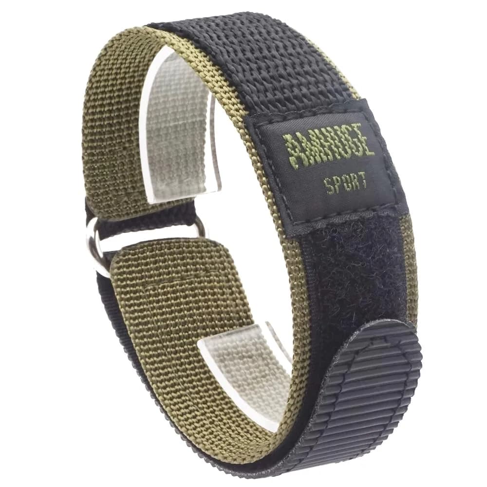 AMHUGE Sport Watch Band Waterproof Nylon 18mm-Long | Breathable, Quick-Drying & Anti-Sweat (enables outdoor activity fit) — Olive（Silver Stainless Steel Buckle）