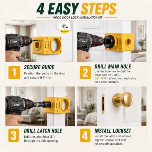 KATA Door Lock Installation Kit for Wood Doors 1.38-1.75 inch Thick | Includes Guide Template, Hole Saws, and Arbor thumbnail 5