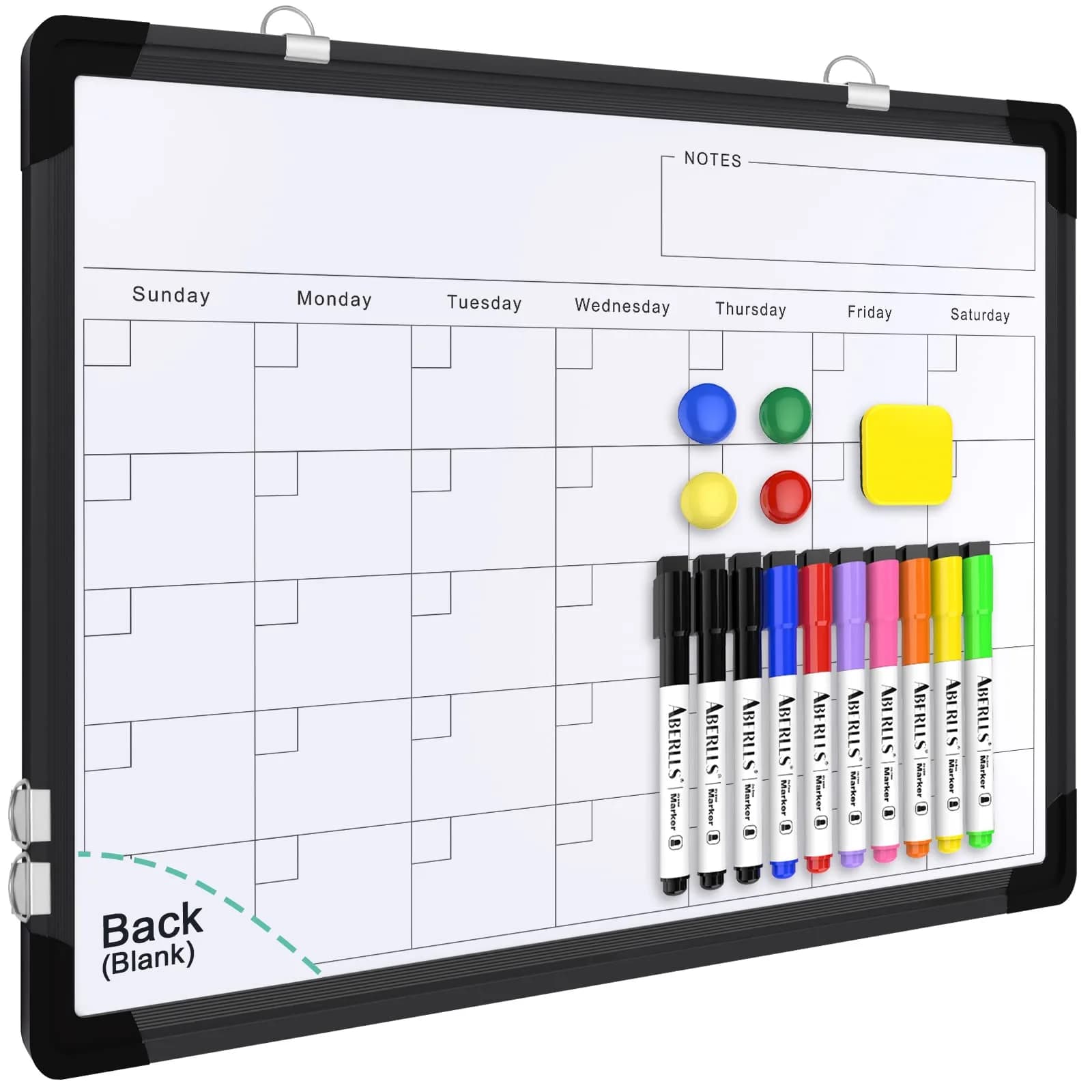 ABERLLS Monthly Calendar Whiteboard 16 x 12 Inches | Magnetic Dry Erase Board for Wall — Black