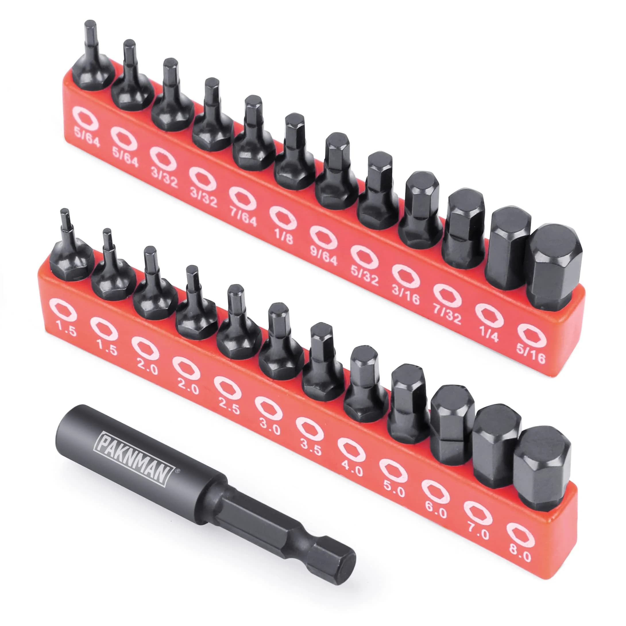 PAKNMAN 25-Piece Hex Head Allen Wrench Drill Bit Set, 1/4" (6.35mm) Magnetic Extension, Metric & SAE S2 Steel Hex Bits Set, 1" (25.4mm) Long - main product image