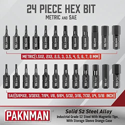 PAKNMAN 25-Piece Hex Head Allen Wrench Drill Bit Set, 1/4" (6.35mm) Magnetic Extension, Metric & SAE S2 Steel Hex Bits Set, 1" (25.4mm) Long thumbnail 4