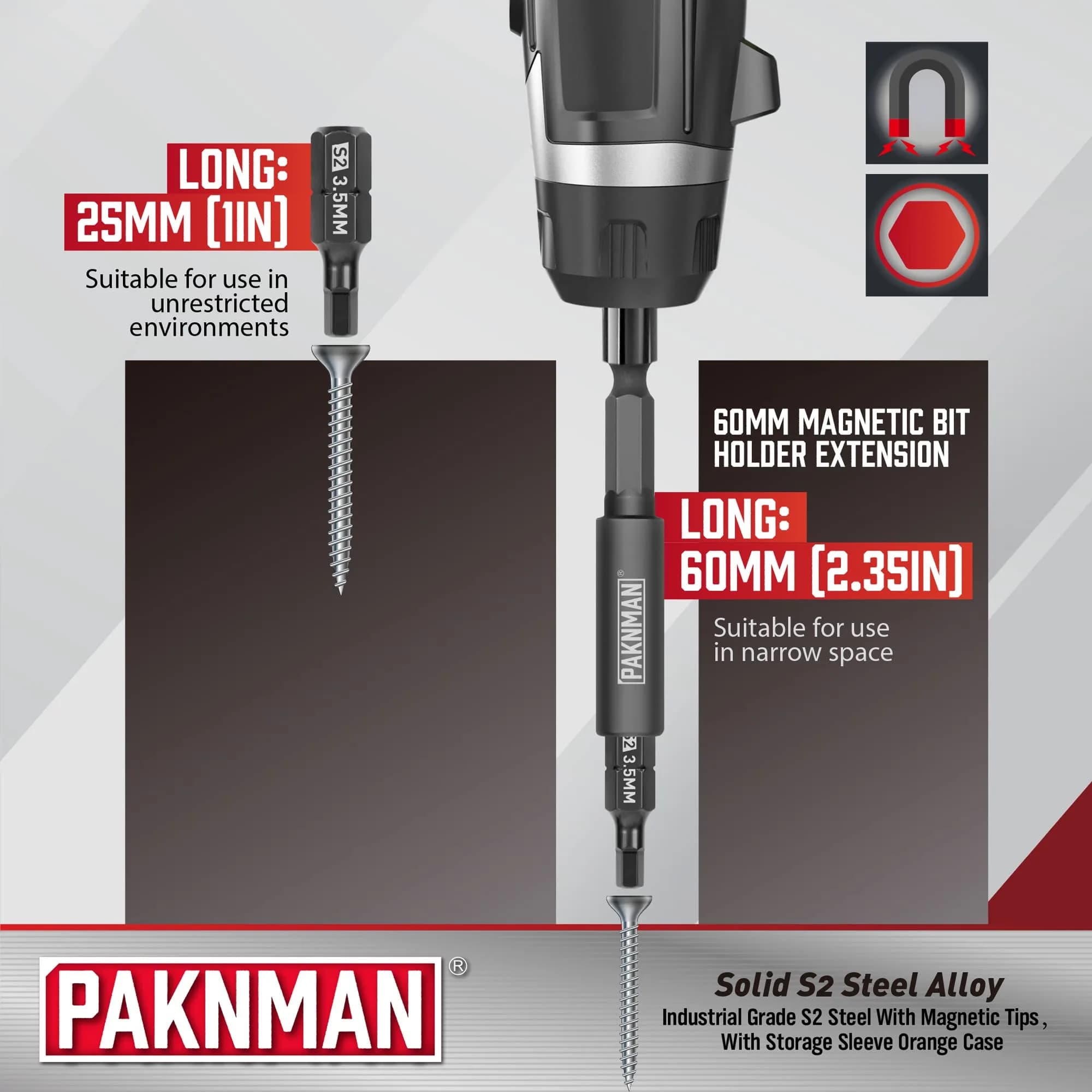 PAKNMAN 25-Piece Hex Head Allen Wrench Drill Bit Set, 1/4" (6.35mm) Magnetic Extension, Metric & SAE S2 Steel Hex Bits Set, 1" (25.4mm) Long - view 5
