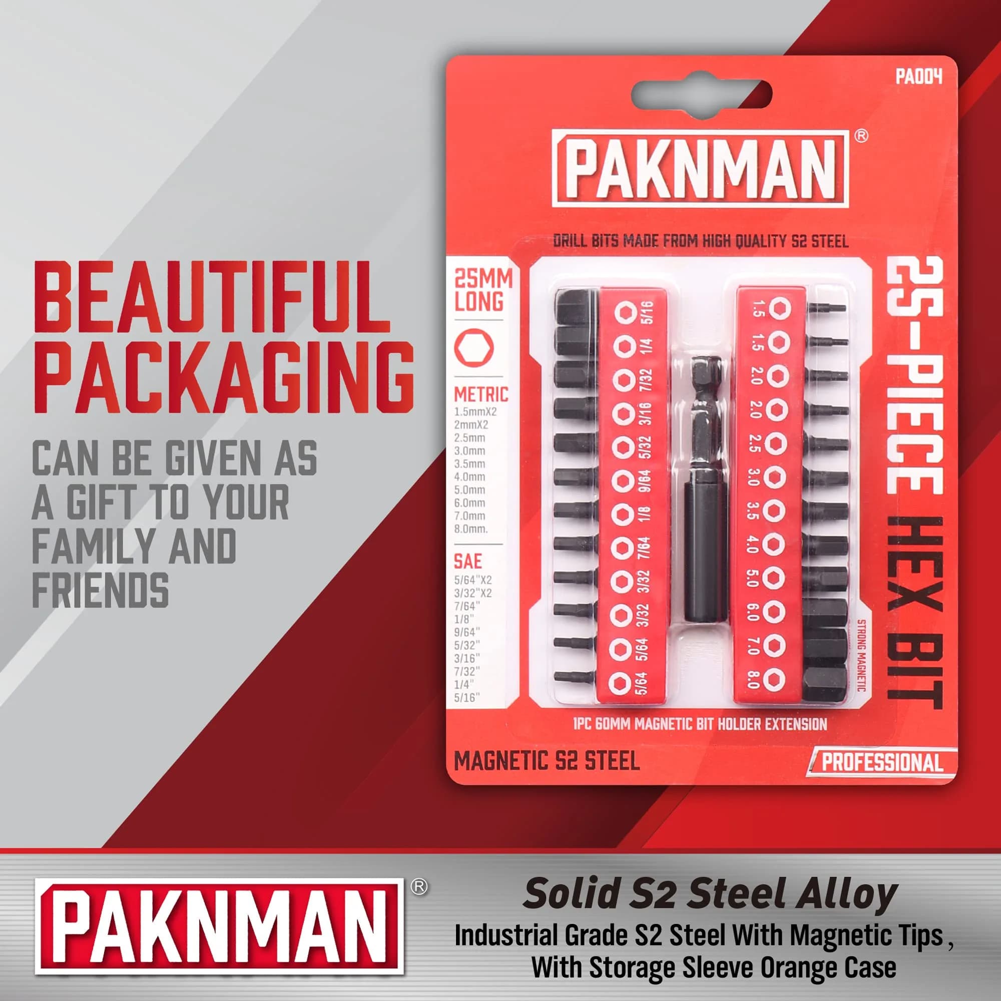 PAKNMAN 25-Piece Hex Head Allen Wrench Drill Bit Set, 1/4" (6.35mm) Magnetic Extension, Metric & SAE S2 Steel Hex Bits Set, 1" (25.4mm) Long - view 6