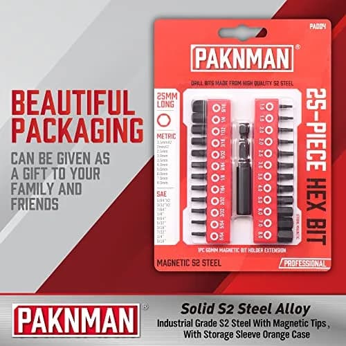 PAKNMAN 25-Piece Hex Head Allen Wrench Drill Bit Set, 1/4" (6.35mm) Magnetic Extension, Metric & SAE S2 Steel Hex Bits Set, 1" (25.4mm) Long thumbnail 6