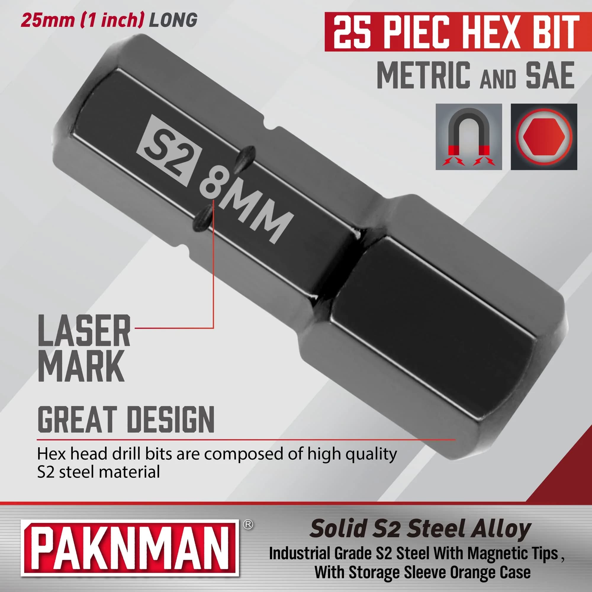 PAKNMAN 25-Piece Hex Head Allen Wrench Drill Bit Set, 1/4" (6.35mm) Magnetic Extension, Metric & SAE S2 Steel Hex Bits Set, 1" (25.4mm) Long - view 2