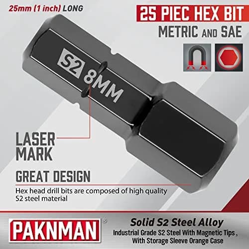 PAKNMAN 25-Piece Hex Head Allen Wrench Drill Bit Set, 1/4" (6.35mm) Magnetic Extension, Metric & SAE S2 Steel Hex Bits Set, 1" (25.4mm) Long thumbnail 2