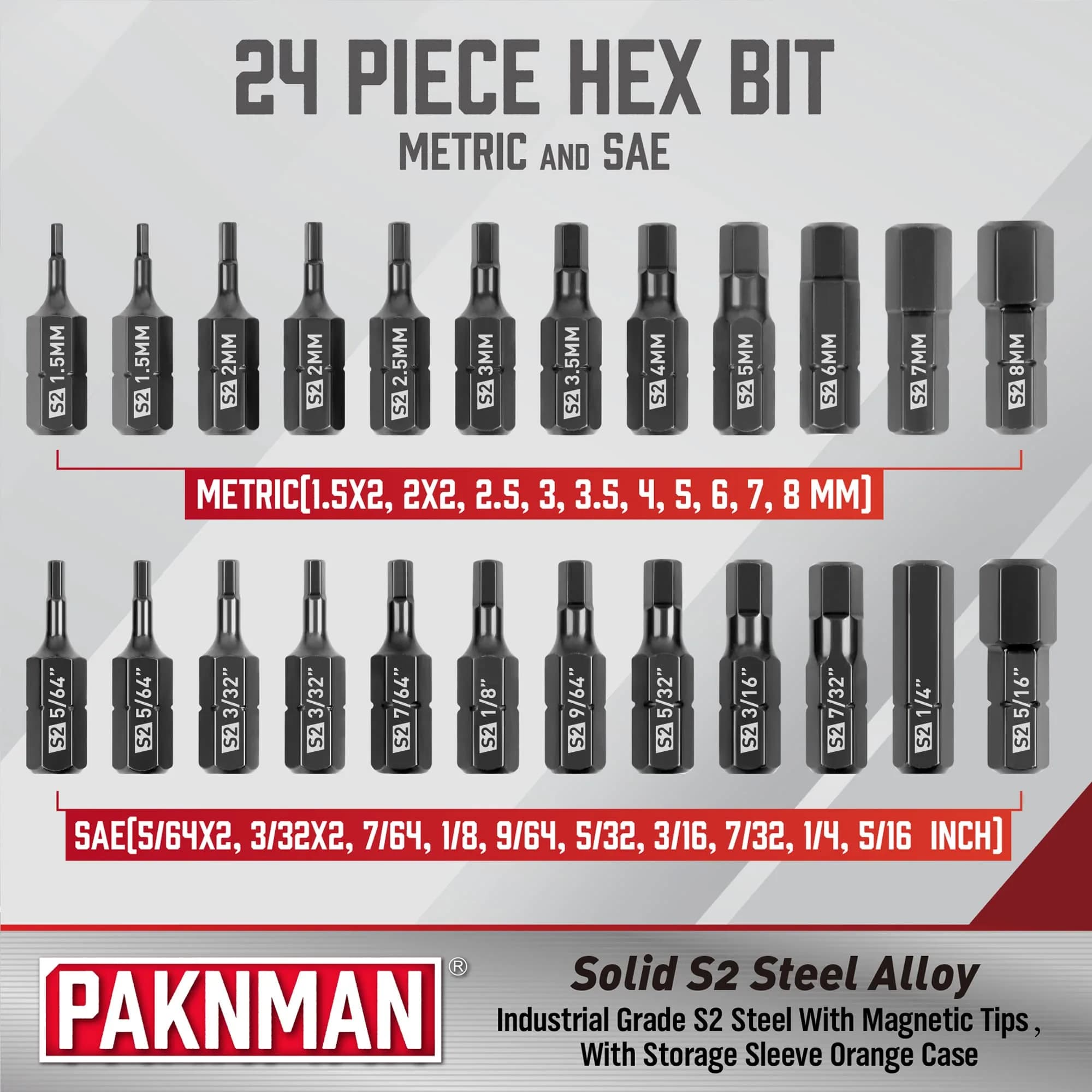 PAKNMAN 25-Piece Hex Head Allen Wrench Drill Bit Set, 1/4" (6.35mm) Magnetic Extension, Metric & SAE S2 Steel Hex Bits Set, 1" (25.4mm) Long - view 4