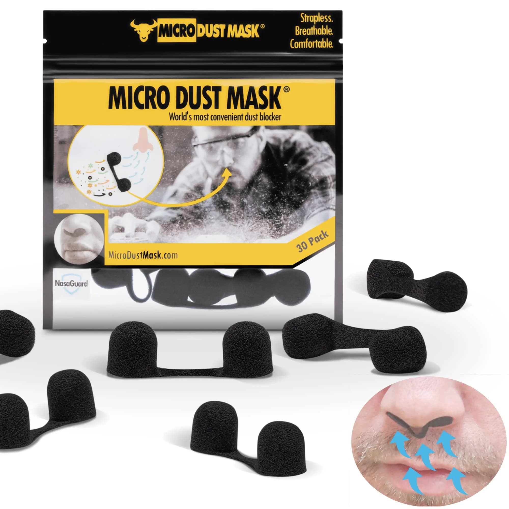 MICRO DUST MASK Nose Filter - Black - 30 Pack | Breathable for Woodworking, Lawn Mowing, Minor Construction - main product image