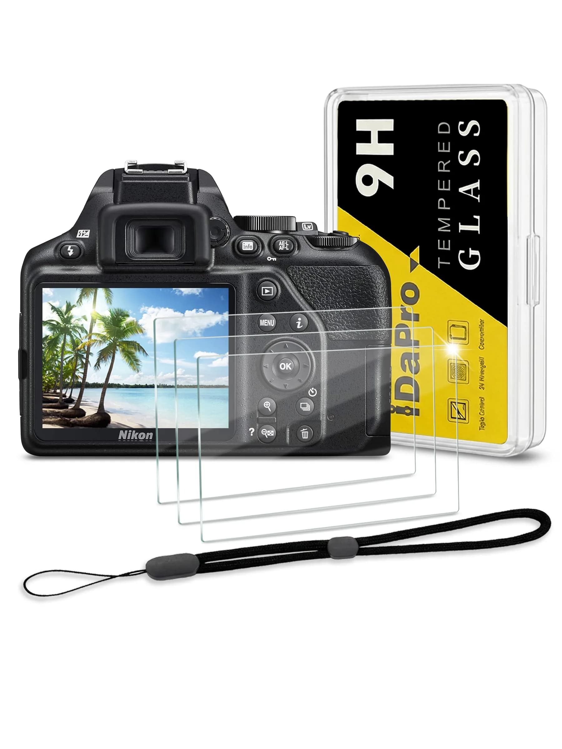 iDaPro Tempered Glass Screen Protector for Nikon D3500/D3400/D3300/D3200/D3100, 3-Pack + ABS Case | 9H Hardness, Anti-Glare, 99% Clarity - main product image