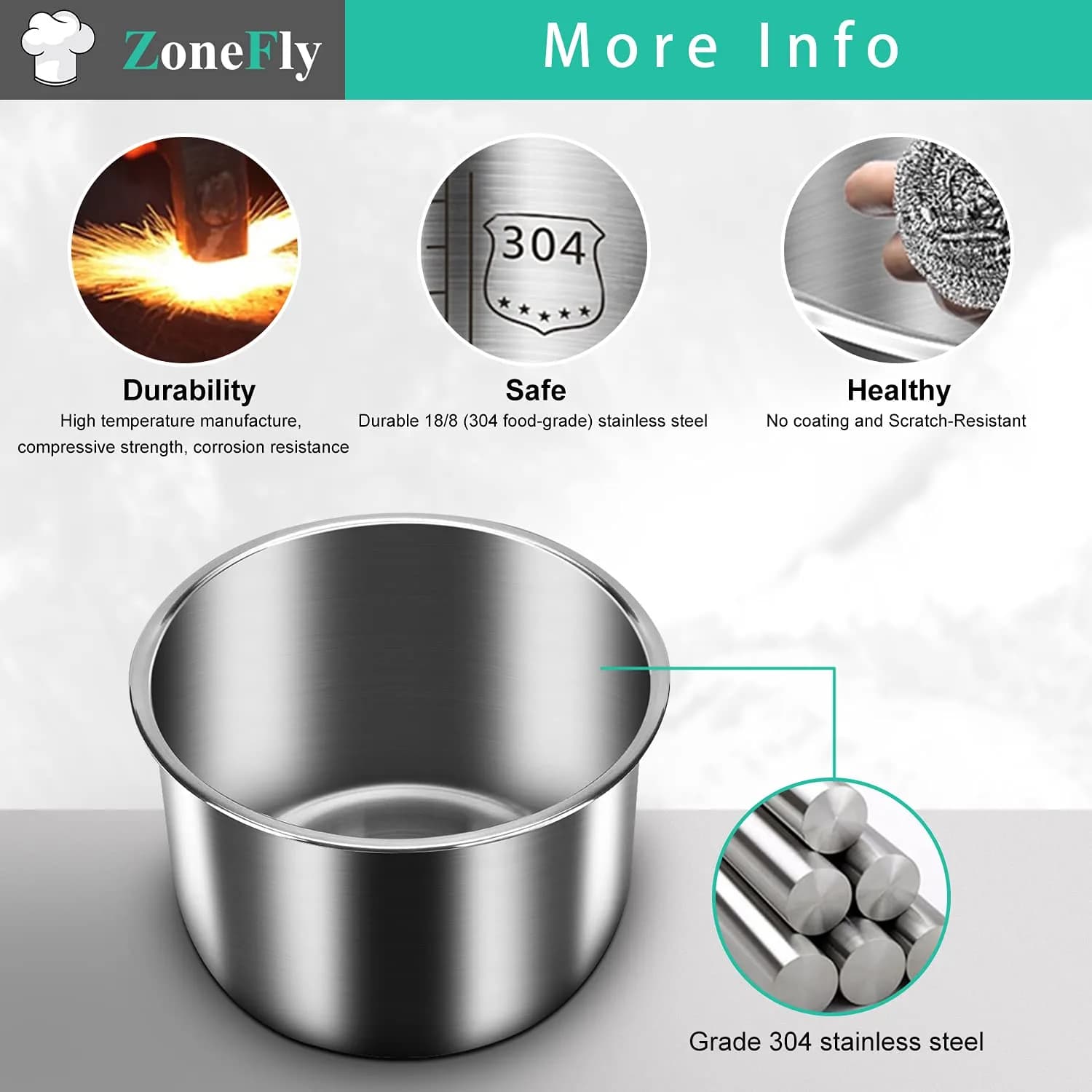 ZoneFly Stainless Steel Inner Pot & 2 Silicone Sealing Rings for Instant Pot 6 Qt | 2.27 kg (5 lb) Pot & Rings Set - view 5